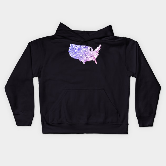 Colorful mandala art map of the United States of America in blue and violet on white background Kids Hoodie by Happy Citizen